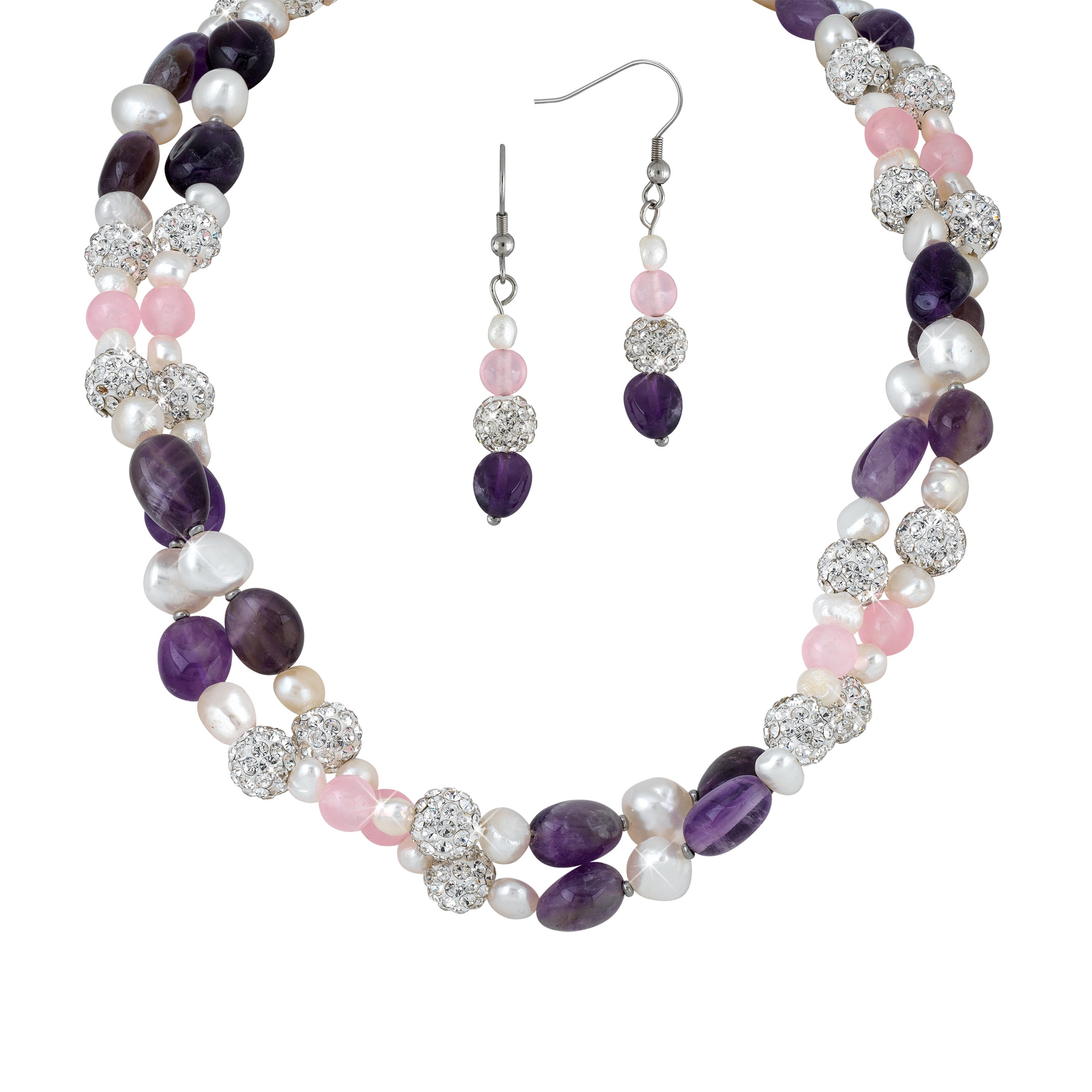 Majesty - pearl-amethyst-crystal necklace and drop earrings set