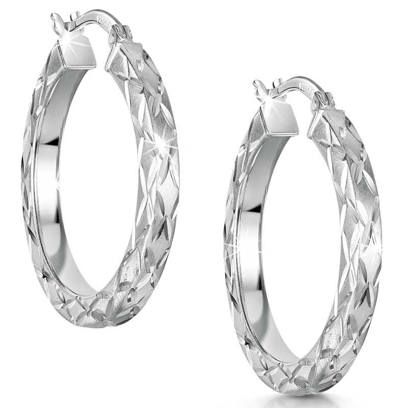 Angeli - 925 Sterling Silver Diamond-Cut Hoop Earrings