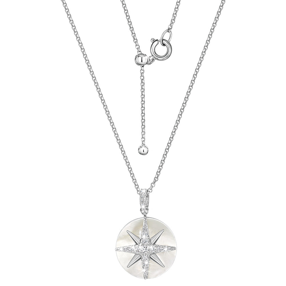 Sparkling compass - diamond & mother- of-pearl pendant